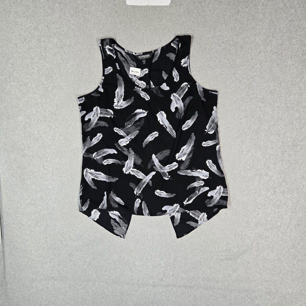 Express Women Tank Top L Black Graphic Split Back Tank Scoop Neck Office Sheer